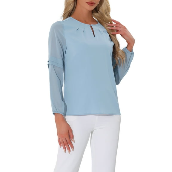 INSPIRE CHIC Women's Chiffon Blouse Keyhole Neck Patchwork Sleeve Elegant Work Top M Grey Blue