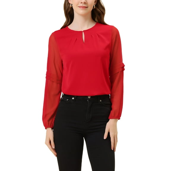 INSPIRE CHIC Women's Chiffon Blouse Keyhole Neck Patchwork Sleeve Elegant Work Top S Red