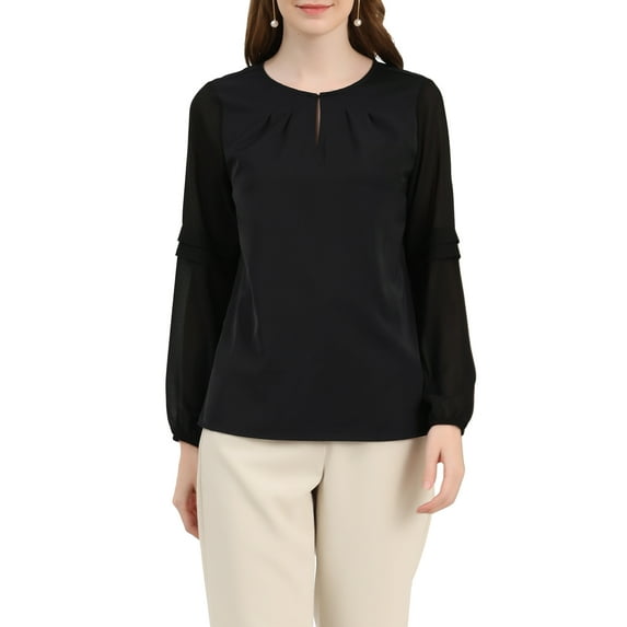 INSPIRE CHIC Women's Chiffon Blouse Keyhole Neck Patchwork Sleeve Elegant Work Top XL Black