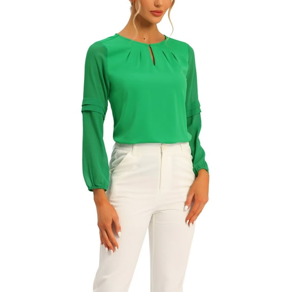 INSPIRE CHIC Women's Chiffon Blouse Keyhole Neck Patchwork Sleeve Elegant Work Top XL Bright Green