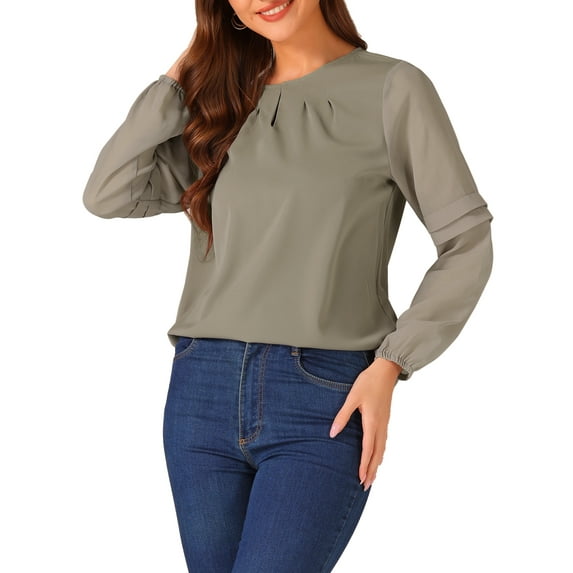 INSPIRE CHIC Women's Chiffon Blouse Keyhole Neck Patchwork Sleeve Elegant Work Top XL Brown Grey