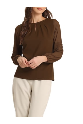 Women's Chiffon Blouse Keyhole Neck Patchwork Sleeve Elegant Work Top XL Dark Brown