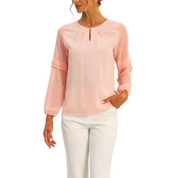 INSPIRE CHIC Women's Chiffon Blouse Keyhole Neck Patchwork Sleeve Elegant Work Top XL Light Pink