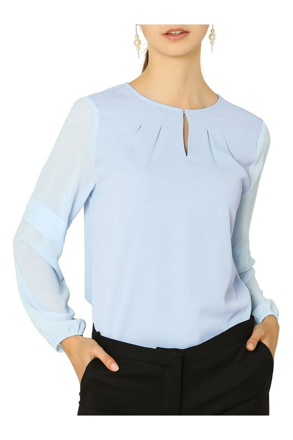 Women's Chiffon Blouse Keyhole Neck Patchwork Sleeve Elegant Work Top XS Light Blue