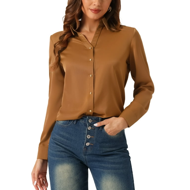 INSPIRE CHIC Women's Work Office Shirt V Neck Button Down Long