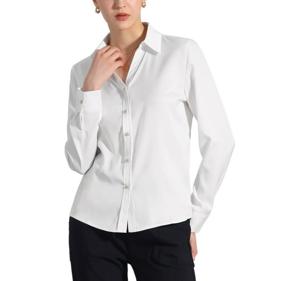 INSPIRE CHIC Women's Work Office Shirt V Neck Button Down Long Sleeve Chiffon Blouse Tops M White