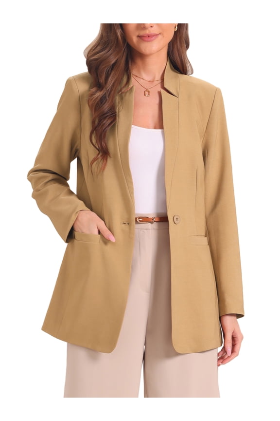 Women's Long Sleeve  Lapel Collar V Neck Open Front Lined Work Office Blazer Two Pockets M Brown