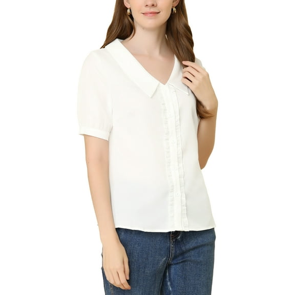 INSPIRE CHIC Women's Work Office Top Button Up Ruffled Flat Collar Short Sleeve Shirt