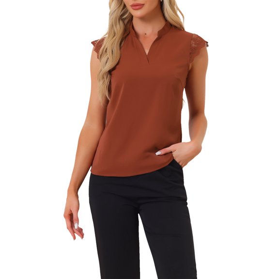 INSPIRE CHIC Women's V Neck Sleeveless Basic Work Blouse Top L Brown Red