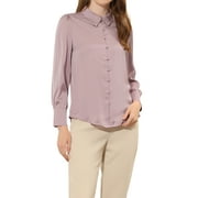 Allegra K Women's Work Point Collar Puff Long Sleeve Button Satin Shirt