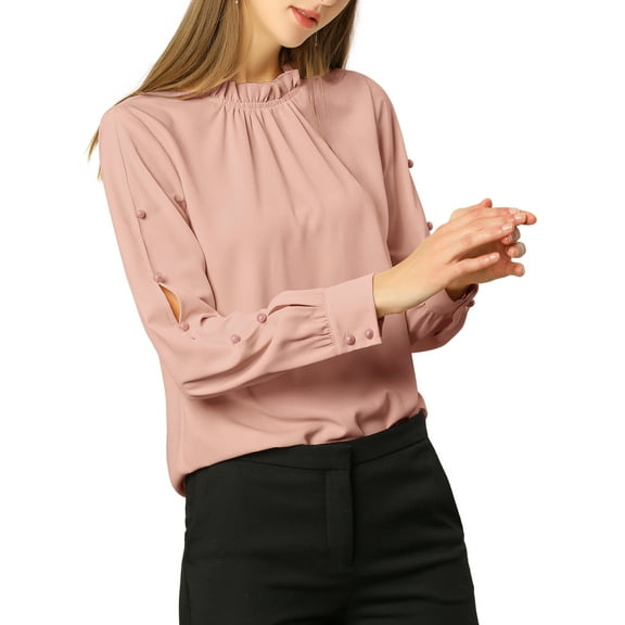 INSPIRE CHIC Women's Work Ruffle Trim Neckline Solid Shirt Button Decor Blouse Pink L