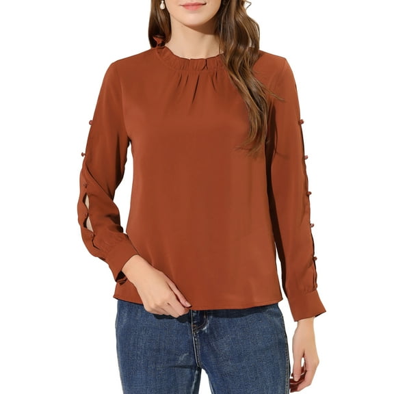 INSPIRE CHIC Women's Work Ruffle Trim Neckline Solid Shirt Button Decor Blouse Caramel M