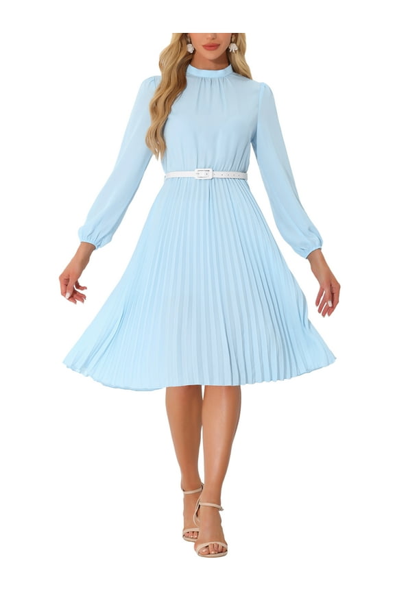 Women's Work Shirt Dress Long Sleeve Pleated Midi Dresses