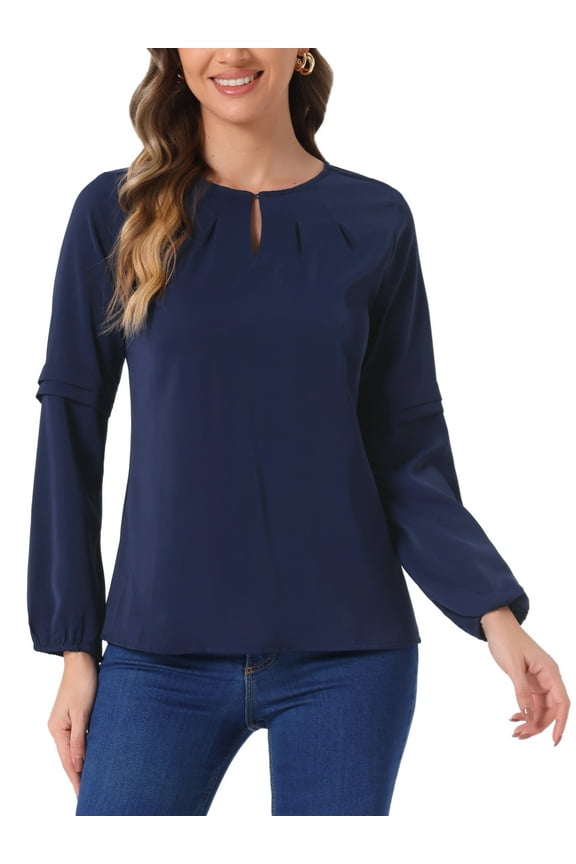 Women's Work Tops Chiffon Shirt Long Sleeve Keyhole Neck Elegant Blouse L Dark Blue