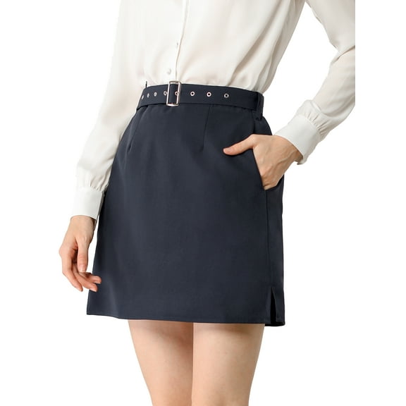 INSPIRE CHIC Women's Work a-Line Belted High Waist Mini Skirt with Pocket