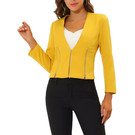 INSPIRE CHIC Women's Workwear Zipper Collarless Cropped Blazer XS Yellow