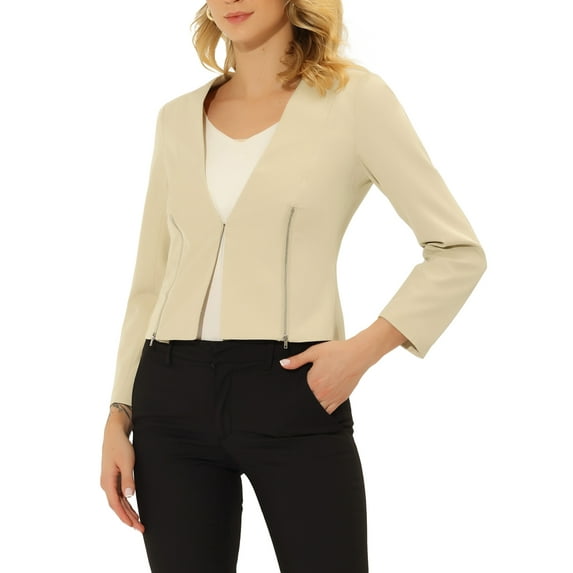 INSPIRE CHIC Women's Workwear Zipper Collarless Cropped Blazer