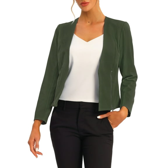 INSPIRE CHIC Women's Workwear Zipper Collarless Cropped Blazer XS Army Green