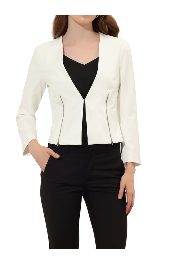 Women's Workwear Zipper Collarless Cropped Blazer S White