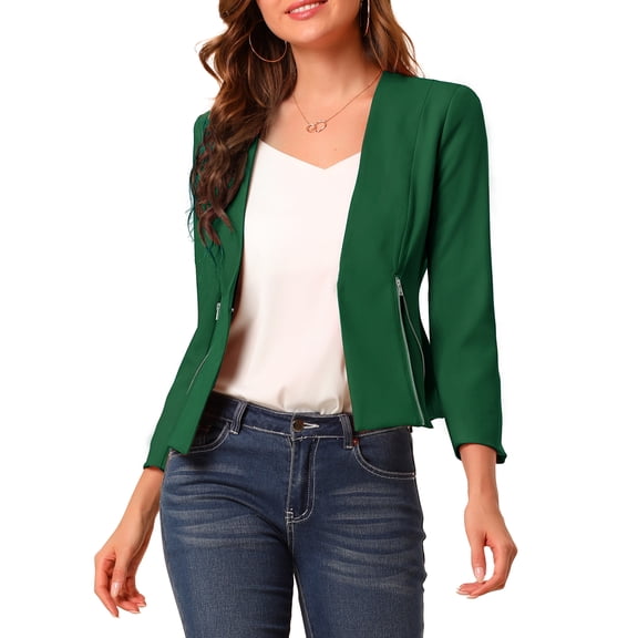 INSPIRE CHIC Women's Workwear Zipper Collarless Cropped Blazer M Green
