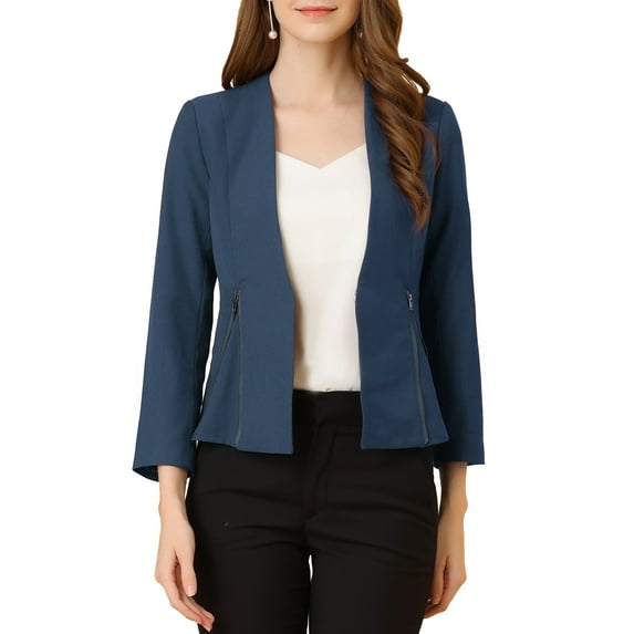 INSPIRE CHIC Women's Workwear Zipper Collarless Cropped Blazer S Peacock Blue
