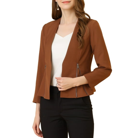 Allegra K Women's Workwear Zipper Collarless Cropped Blazer