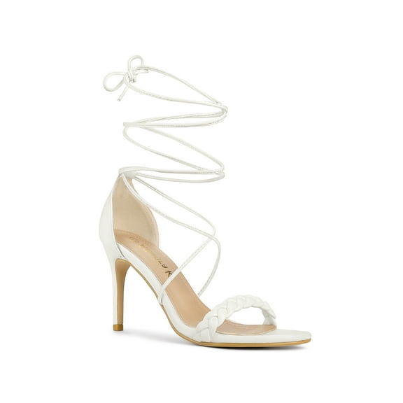 BLISSFUL STEP Women Woven Strap Lace Up Strappy Stiletto Heel Sandals White 8