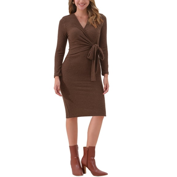 INSPIRE CHIC Women's Wrap V Neck Dress Long Sleeve Tie Waist Casual Fall Midi Dresses XS Brown