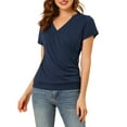 thumbnail image 1 of INSPIRE CHIC Women's Tops Wrap V Neck Short Sleeves Button Decor Ruched Causal Blouses L Navy Blue, 1 of 6