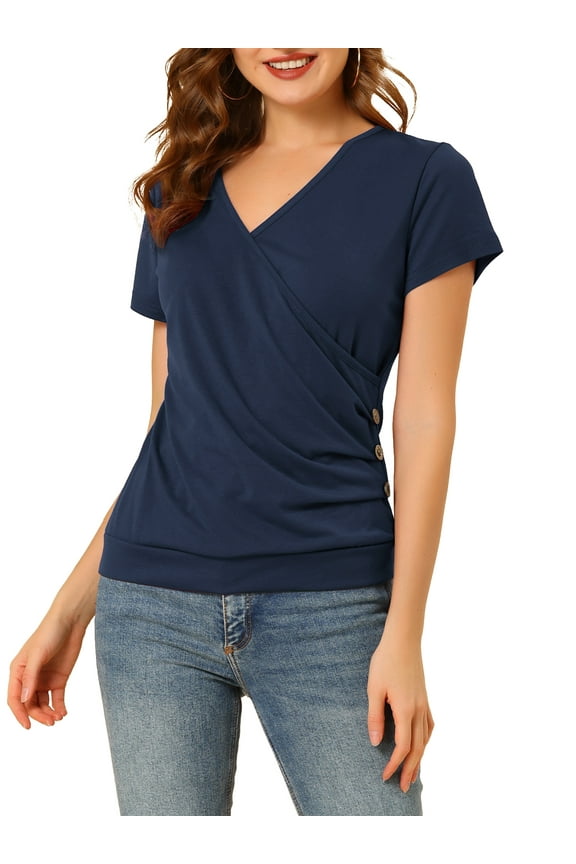 Women's V Neck Wrap Top Short Sleeve Button Decor Ruched Top L Navy Blue