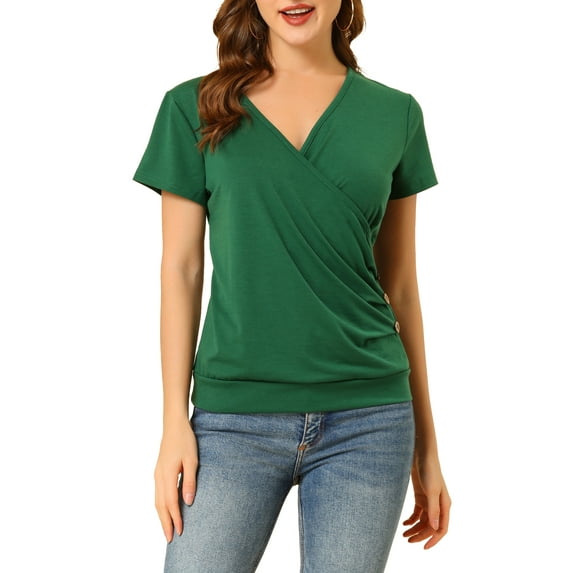 Allegra K Women's Wrap V Neck Short Sleeve Button Decor Ruched Tops