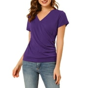 INSPIRE CHIC Women's Tops Wrap V Neck Short Sleeves Button Decor Ruched Causal Blouses XS Purple