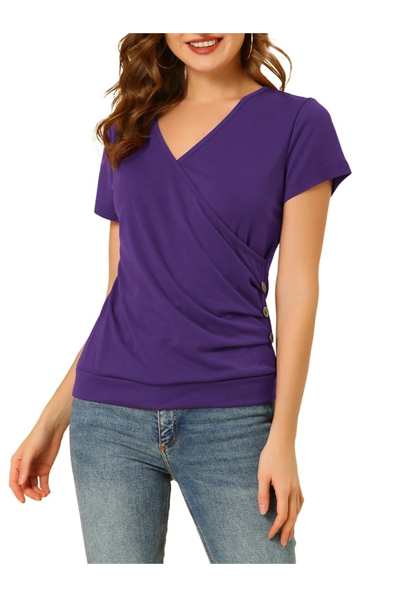 Women's Tops Wrap V Neck Short Sleeves Button Decor Ruched Causal Blouses L Purple