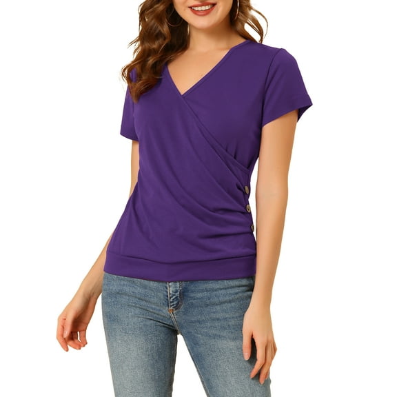 INSPIRE CHIC Women's Tops Wrap V Neck Short Sleeves Button Decor Ruched Causal Blouses XS Purple