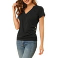 thumbnail image 1 of INSPIRE CHIC Women's Tops Wrap V Neck Short Sleeves Button Decor Ruched Causal Blouses Black S, 1 of 6