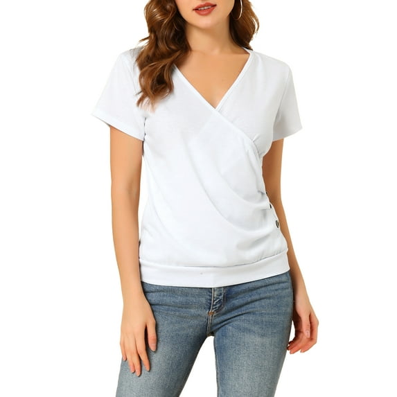 Allegra K Women's Wrap V Neck Short Sleeve Button Decor Ruched Tops