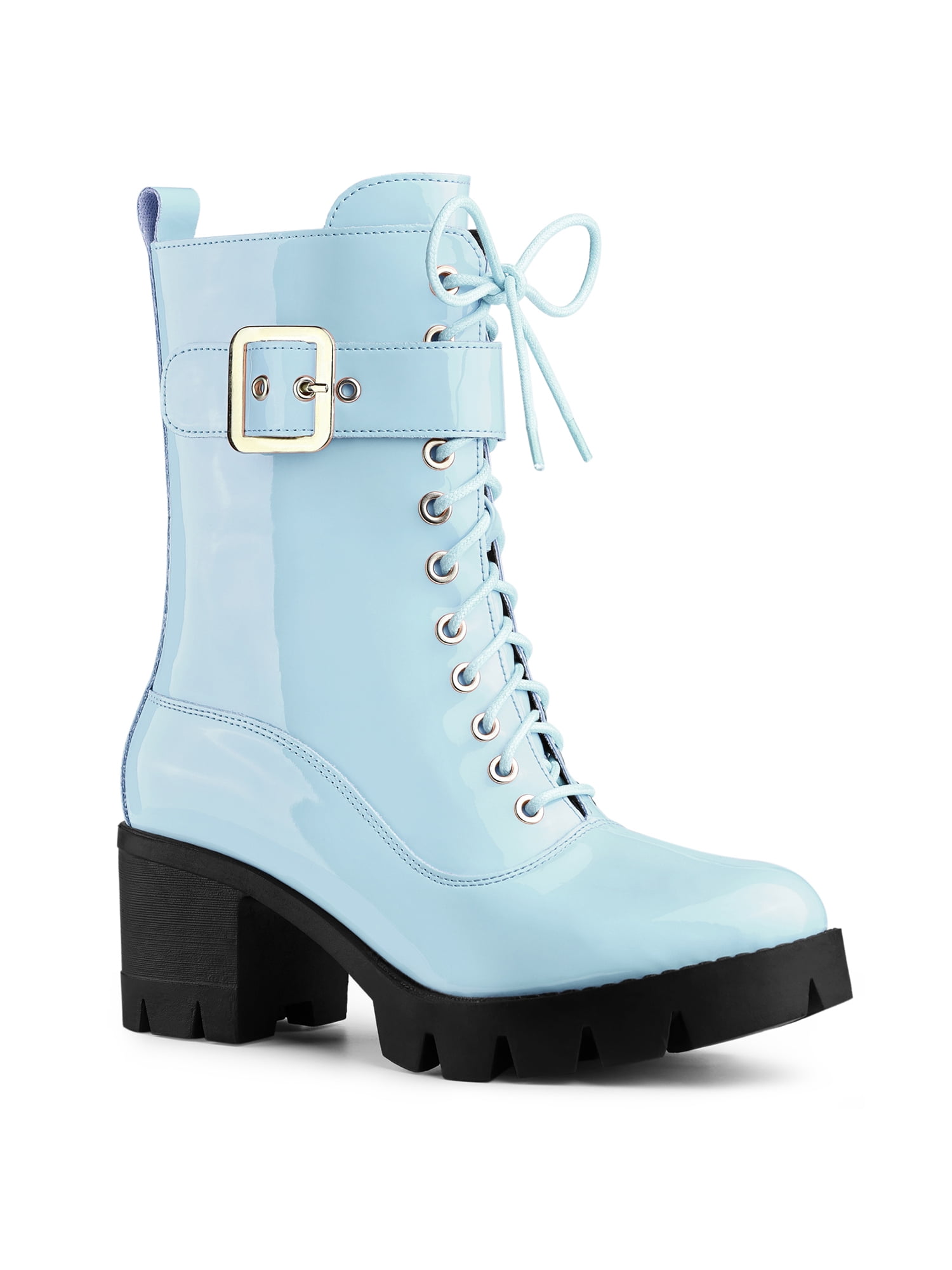BLISSFUL STEP Women's Chunky Heel Zip Platform Block Combat Boots