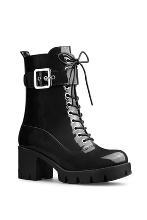 Women's Chunky Heel Zip Platform Block Combat Boots Black 10