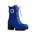 thumbnail image 1 of BLISSFUL STEP Women's Chunky Heel Zip Platform Block Combat Boots Blue 10, 1 of 8