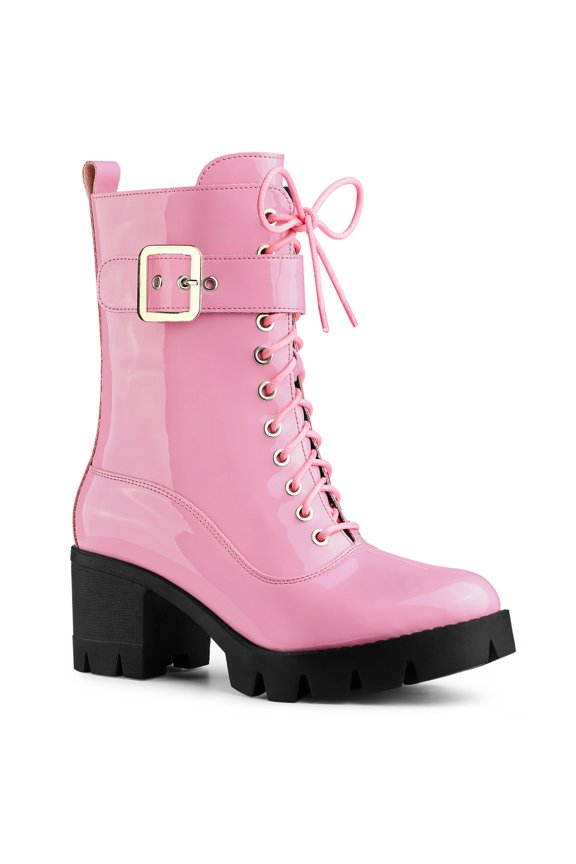 Women's Chunky Heel Zip Platform Block Combat Boots Pink 10