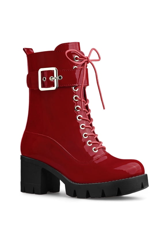 Women's Chunky Heel Zip Platform Block Combat Boots Red 8.5