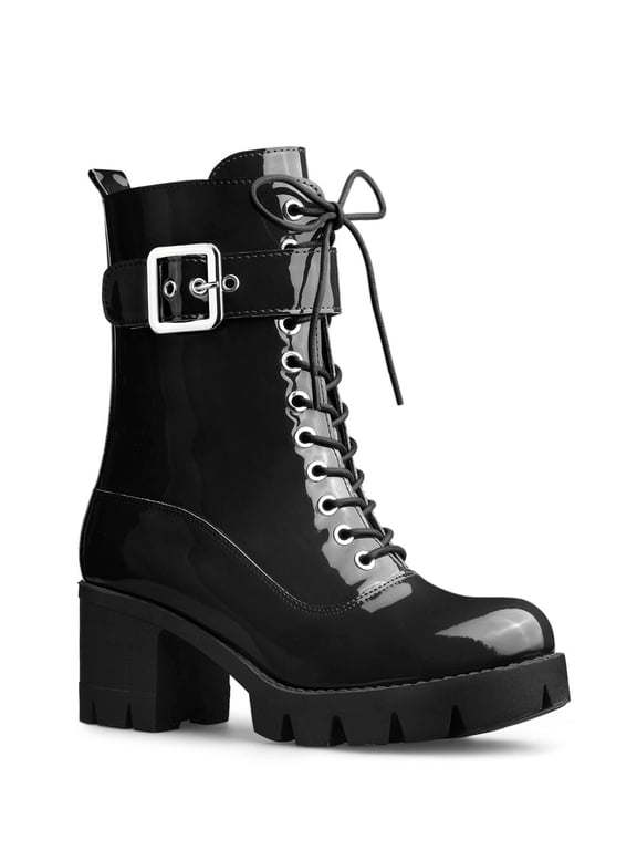 Women's Chunky Heel Zip Platform Block Combat Boots Black 7