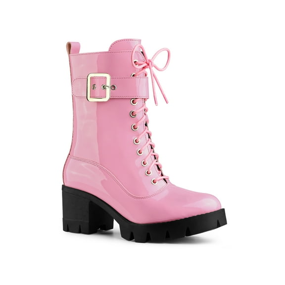 BLISSFUL STEP Valentine's Women's Chunky Heel Zip Platform Block Combat Boots Pink 8.5