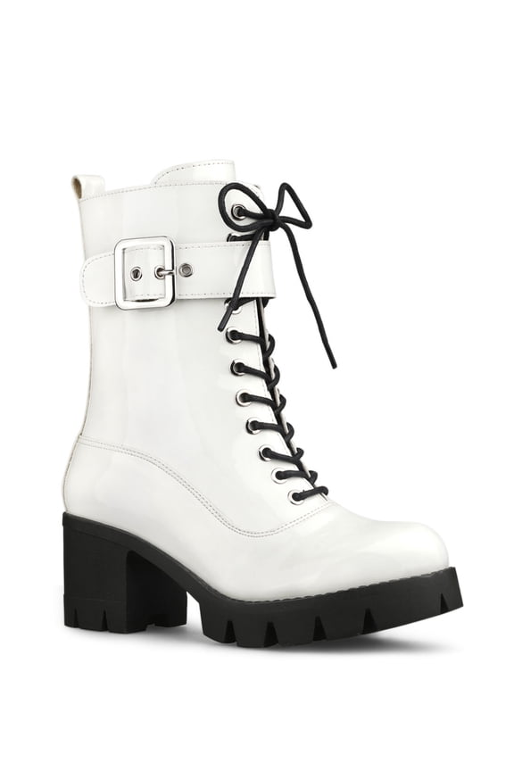 Women's Chunky Heel Zip Platform Block Combat Boots White 8.5