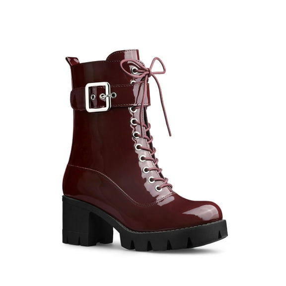 BLISSFUL STEP Valentine's Women's Chunky Heel Zip Platform Block Combat Boots Burgundy 10