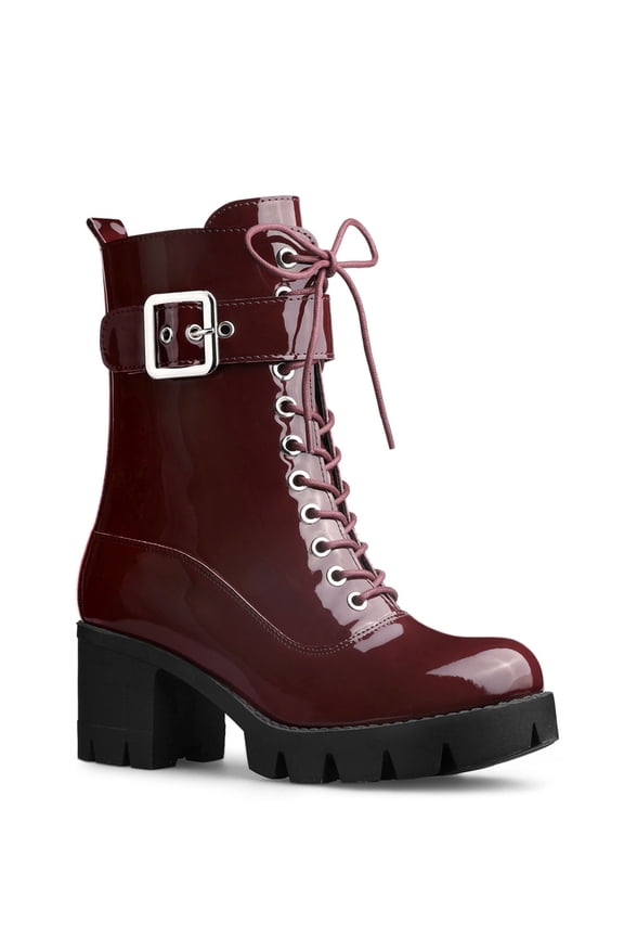 Women's Chunky Heel Zip Platform Block Combat Boots Burgundy 9.5