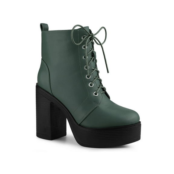 BLISSFUL STEP Women's Boot Side Zip Platform Chunky Heel Combat Boots Dark Green 9