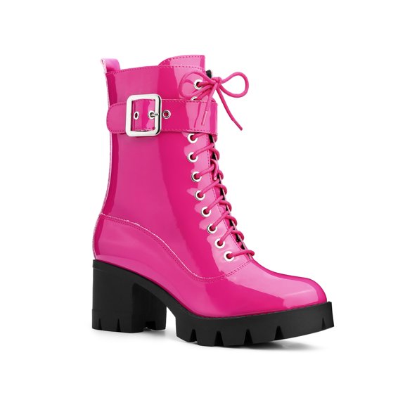 BLISSFUL STEP Women's Chunky Heel Zip Platform Block Combat Boots Fuchsia 8.5