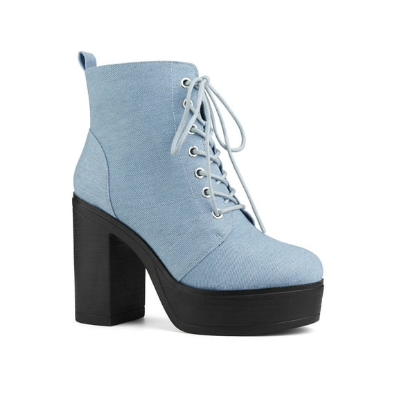 BLISSFUL STEP Women's Boot Side Zip Platform Chunky Heel Combat Boots Denim Blue 8.5