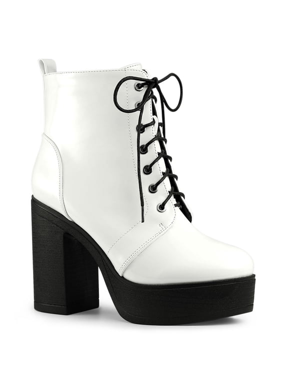 Women's Boot Side Zip Platform Chunky Heel Combat Boots White 10
